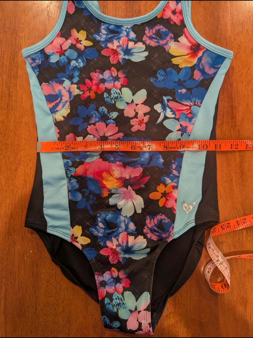 Lot Of 2 Justice Swimsuits One Piece Floral Black & Aqua and Geometric Blue (10)